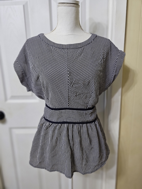 Monteau Tops - Monteau Navy & White Striped Peplum Blouse